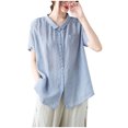thumbnail image 1 of Timegard Womens Cotton Linen Tops Stand Collar Ruched Short Sleeve Button up Blouse Casual Loose Tops, 1 of 9