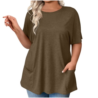 biudgviw Women's Plus Size Tunic Tops Crew Neck Short Sleeve Solid Color T Shirts Casual Loose Blouses with Pockets