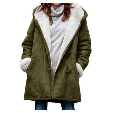 Moxiu Womens Plus Size Fleece Lined Coats for Women 2025Horn Button Jacket Fuzzy Sherpa Parka Hooded Warm Long Winter Jackets Outerwear Army Green,XXXL