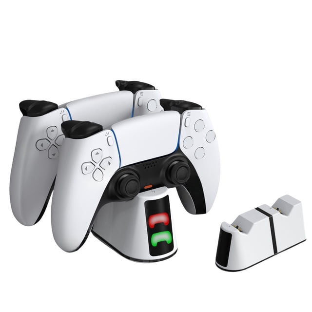 Dual fast charging station compatible with PlayStation 5 controllers, featuring two docks for simultaneous charging. The image shows two PS5 DualSense controllers placed on the primary charging dock with LED indicators displaying charging status. A second identical charger dock is positioned nearby. The station includes anti-slip silicone bases and oxidation-resistant metal contacts for stable and efficient charging. Designed for PS5 Slim, DualSense, and DualSense Edge wireless controllers, it connects directly to the PS5 console via USB without requiring an external adapter.