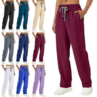 Open Bottom Scrub Pants Womens Knit Yoga Waist Straight Leg Cargo Pants Classic fit Wine L 28"