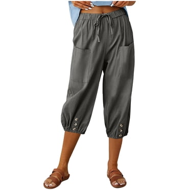 Cameland Pantalon Capri pour Femmes Décontracté Taille Haute à Cordon en Coton et Lin Pantalon Capri avec Poches Pantalon Court
