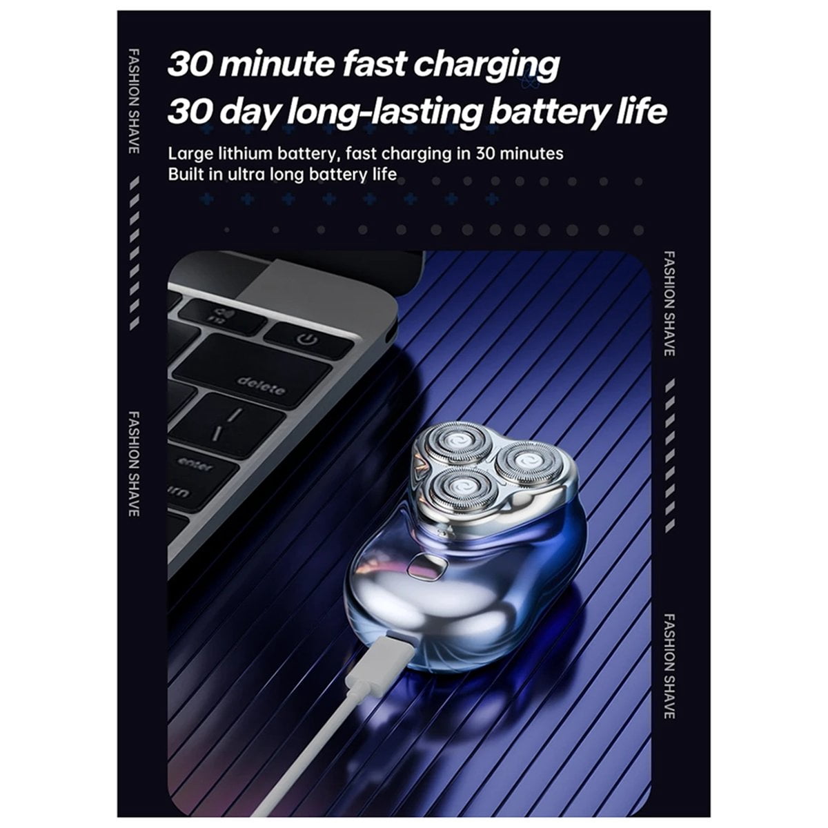 3D Floating Magnetic Blade Men Electric Shaver Mini Portable Beard Cutter Rechargeable Rotary Electric Shaver,1 x Mini three-head electric shaver 1 x USB charging cable,Gradient blue