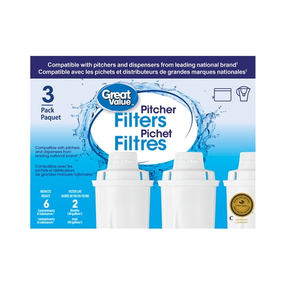 Great Value Filtres de rechange pour pichets, compatibles avec les pichets Great Value et de marque nationale, Paquet de 3