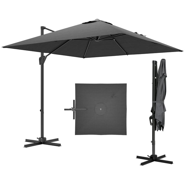Outsunny 8'x8' Square Patio Hanging Offset Umbrella with Cross Base in dark grey. Features a UV-resistant 200g polyester canopy supported by an aluminum pole and eight steel ribs with powder coating. Includes a 360-degree rotational radius, five adjustable angle positions, and a top vent for airflow. Suitable for patios, gardens, and outdoor spaces. Cross base included; additional weights required but not included.