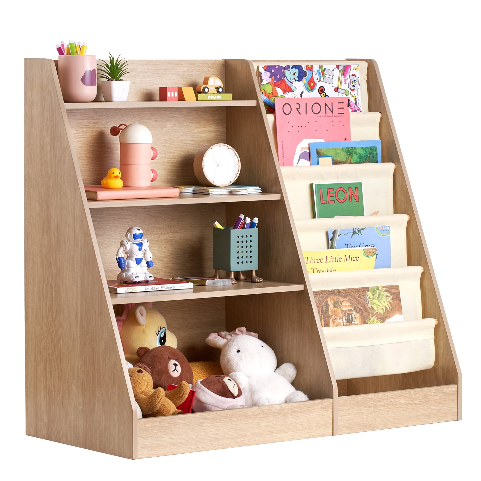 KFFKFF Children's 4-Level Wooden Bookshelf, Six-Slot Sling Bookcase, Nursery Book and Toy Storage Rack, Ideal for Playrooms, Kids' Rooms, and Kindergartens