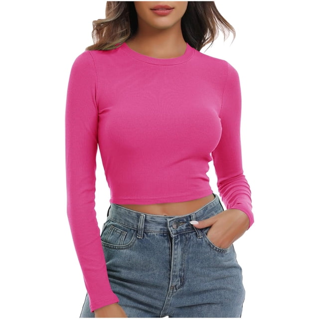 Timegard Womens Tops Ribbed Crewneck Long Sleeve Slim Comfy Tee Casual Crop Tops Bottom Blouse Fall
