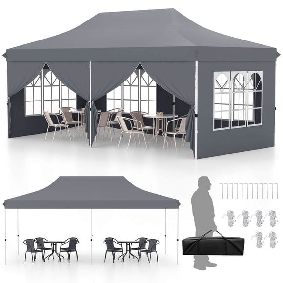 Costway 10 x 20FT Pop up Canopy Outdoor Canopy Tent with 6 Sidewalls Carrying Bag Gray