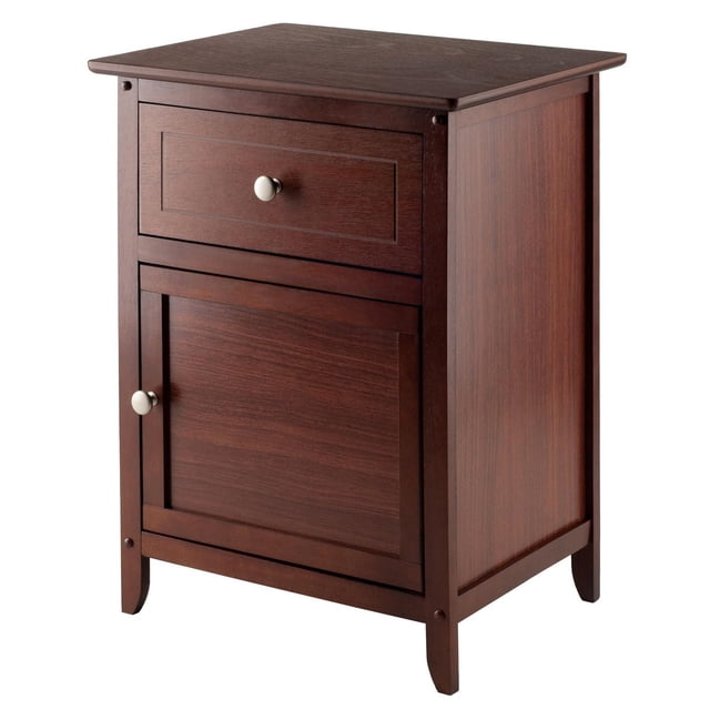 Eugene Accent Table Walnut with a rectangular shape and rich walnut finish, featuring one pull-out drawer and a bottom cabinet door with satin nickel knobs, designed as a bedroom nightstand for extra storage and surface space.