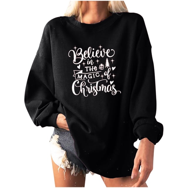 Women Christmas Print Loose O-Neck Long-Sleeved Fleece Oversized Sweatshirt Pullover