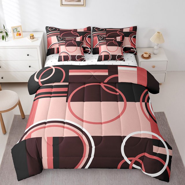 YST Ensemble de Douillette Rétro à Tourbillons Simple Cercles Géométriques Carrés 7 Pcs Lit en Sac avec Drap Plat et Drap-Housse, Ensemble de Lit Rouge Noir Gris Ensemble de Literie Graphique Vintage avec Taie d'Oreiller et Sham