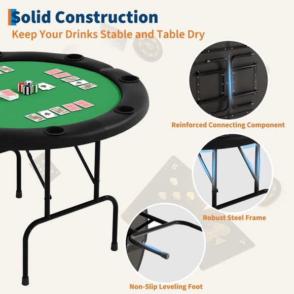 48 Inch 8-Player Collapsible Poker Table – Casino-Grade Green Felt, Cup Holders, Padded Armrest – Portable Round Game Table for Home, Man Cave, Parties – Black Edging + Green Surface