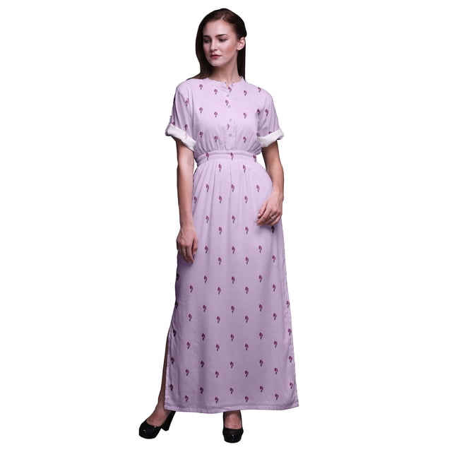 Bimba Robe Longue d'Été en Rayonne à Feuilles Imprimées au Bloc, Manches Kimono, Fente, Grande