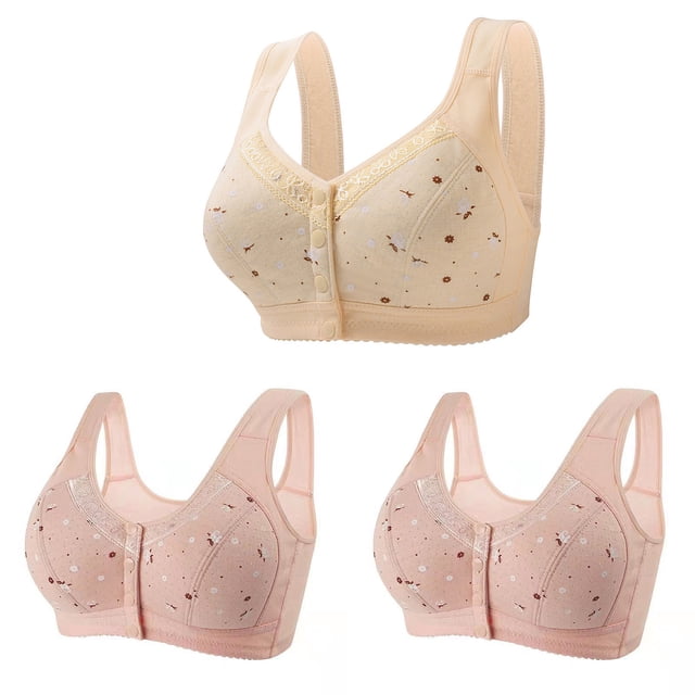 Bigersell Front Closing Bra 3pcs Wire-Free Bra Style R-13 Breathable Support Bras Pack R-13-khaki