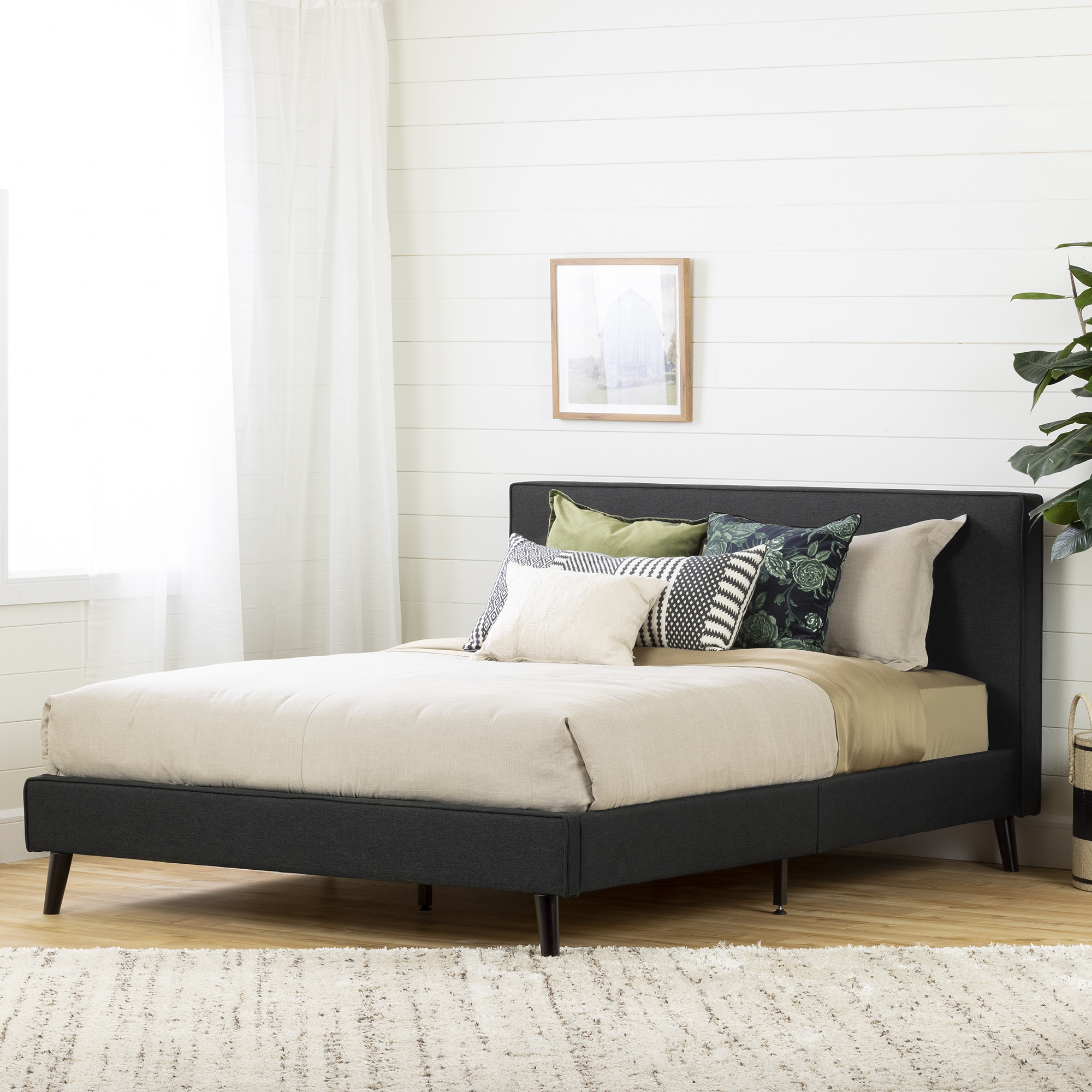 South Shore Gravity Queen Modern Upholstered Platform Bed and Headboard, in Matte Charcoal