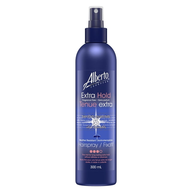 Alberto European Extra Hold Unscented Hairspray in a 300 mL blue spray bottle with fine mist nozzle, offering long-lasting extra hold with humidity resistance and UV filter protection, ideal for sensitive skin and noses without stiffness or stickiness.