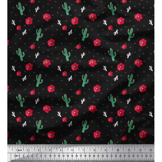 Soimoi Cotton Cambric Fabric Triangle,Floral & Cactus Tree Decor Fabric Printed Yard 42 Inch Wide