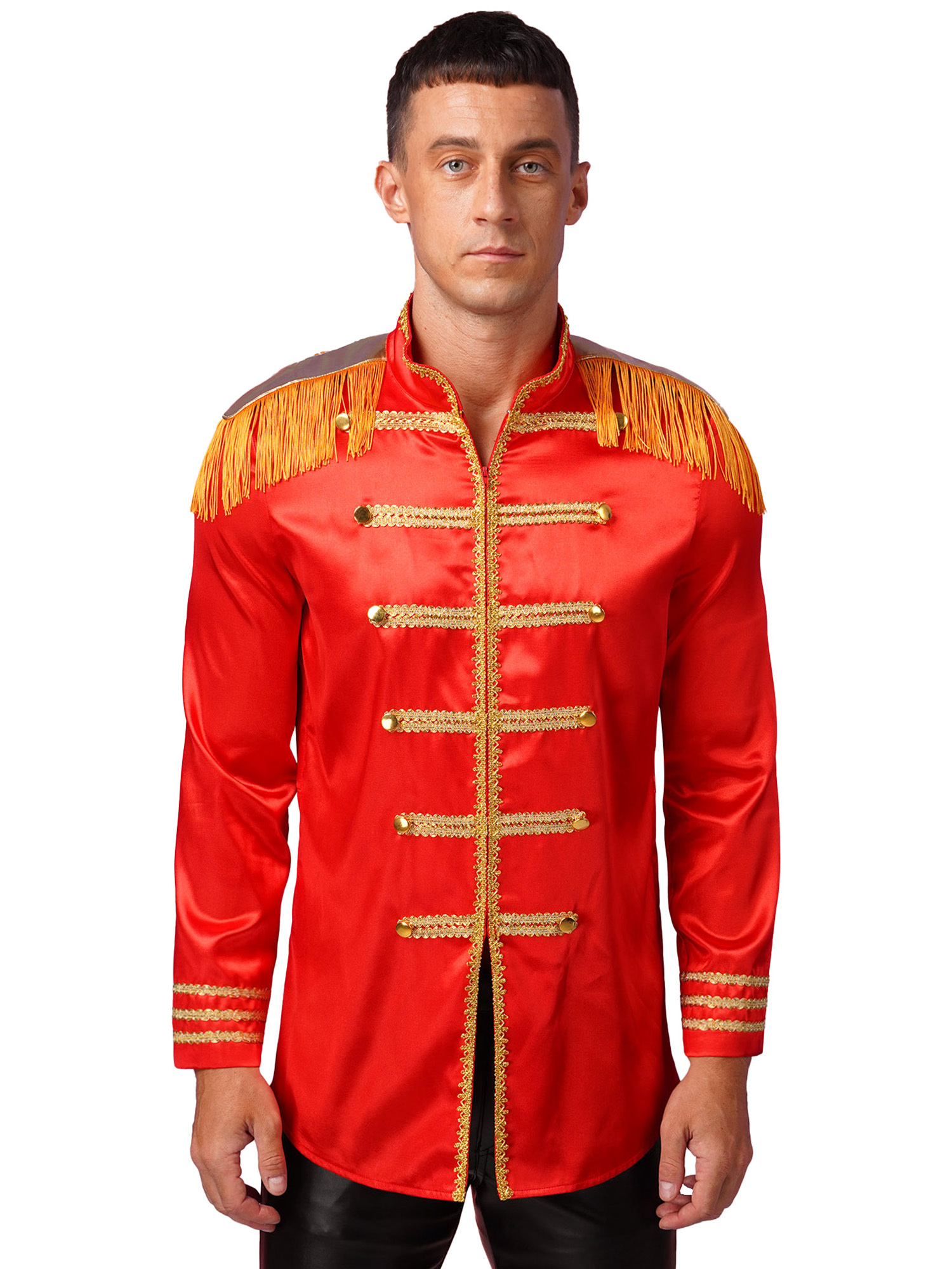 iiniim Mens 60s Hipper Costume High Slit Gold Trim Add Accessories Sergeant Icon Hippy Fancy Dress Up Red 3XL