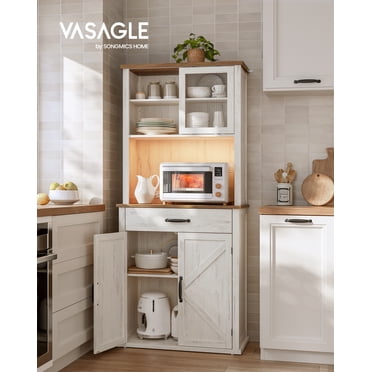 VASAGLE Pantry Cabinet with Lights and Charging Station, Kitchen Pantry Cabinet with Doors and Drawer, Storage Cabinet, Coffee Bar Cabinet, Adjustable Shelves, Farmhouse Style, Rustic White UBBK363W12