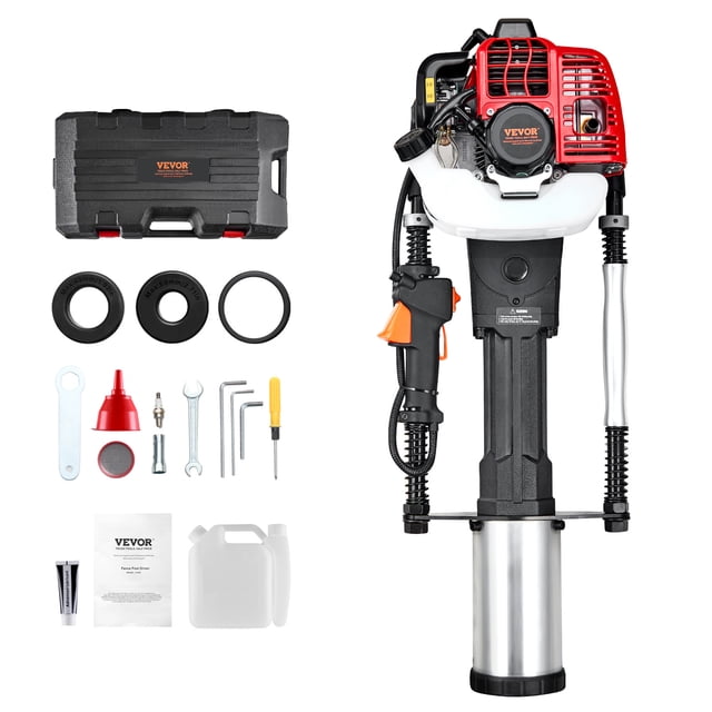 VEVOR 52cc gas-powered T post driver with a 2-stroke engine, shown with its components including three piling sleeves (49mm, 69mm, 100mm), oil hole wrench, fuel oil bottle, funnel, filter screen, tool set, grease, and a plastic carrying case. The driver features a durable die-cast aluminum and steel construction, a non-slip handle, shock-absorbing springs, and an easy-start device. Designed for efficient fence piling, orchard support, and road reconstruction tasks.