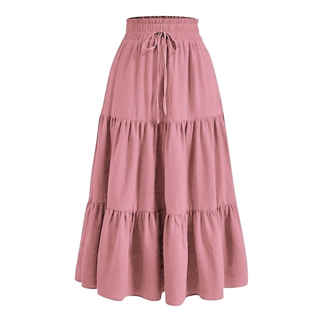 Besolor Maxi Skirts for Women 2025 Summer Elastic Waist Drawstring Ruffle Tiered A-Line Flowy Beach Long Skirt in soft pink. Made of lightweight polyester fabric, featuring an elastic waist and tiered ruffle design. Ideal for women's summer fashion, casual outings, parties, or vacations.
