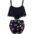 thumbnail image 4 of Women High Waisted Bikini Ruffle Swimsuit Flounce Pom Pom Trim Two Piece Bathing Suit Black Butterfly (XL, 4 of 6