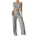 thumbnail image 2 of Meichang Womens Ribbed Kniited Outfits Solid Color Lounge Sets Slim Fit Sleeveless Tank Tops and Elastic Waisted Wide Leg Pants Sets, 2 of 8