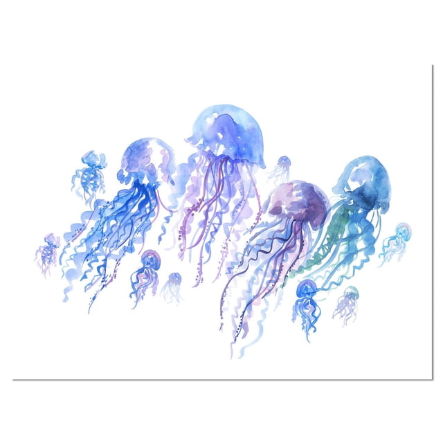 Design Art Blue Purple Jellyfish Group Canvas Print on gallery wrapped cotton canvas featuring watercolor jellyfish in blue, purple, and green tones with flowing tentacles on a white background, ready to hang with included hardware, suitable for enhancing home or office wall décor.