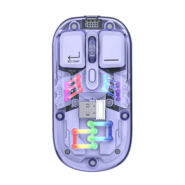 Graflsoa Souris Sans Fil Double Mode Transparente Violette avec Éclairage RVB, 1600 DPI Réglables, Couverture Magnétique, Charge USB‐C, Batterie 400 mAh, Connectivité 2,4G+Bluetooth 5.0