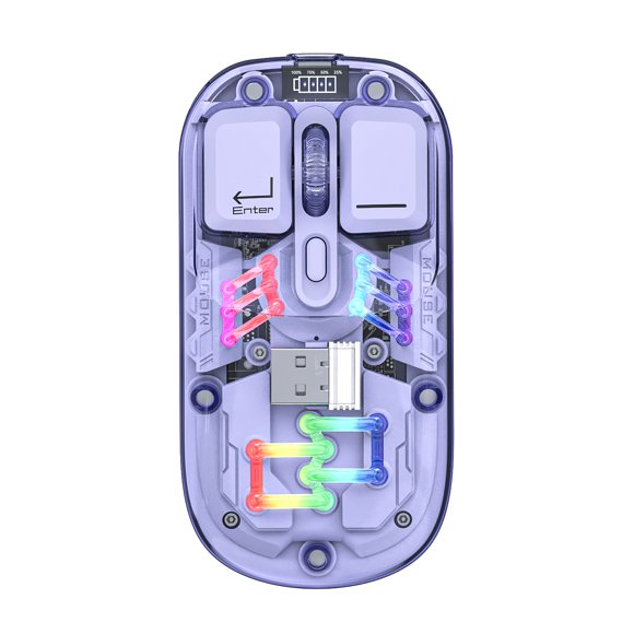 Graflsoa Transparent Purple Dual-Mode Wireless Mouse with RGB Lighting, 1600 DPI Adjustable, Magnetic Cover, Type-C Charging, 400mAh Battery, 2.4G+Bluetooth 5.0 Connectivity