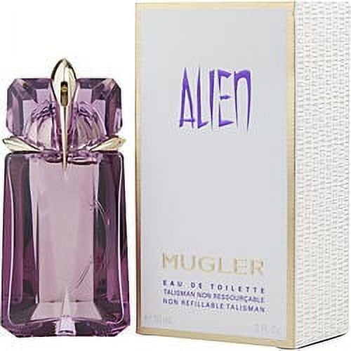 ALIEN by Thierry Mugler EDT SPRAY 2 OZ, a 60 ml non-refillable eau de toilette spray for women. The bottle features a striking purple design with gold accents, paired with a branded box displaying the Alien logo. This refreshing, oriental, and woody fragrance is ideal for various occasions, offering a light and confident scent.
