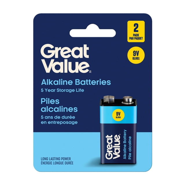 Piles alcalines 9V 6LR61 Great Value, paquet de 2