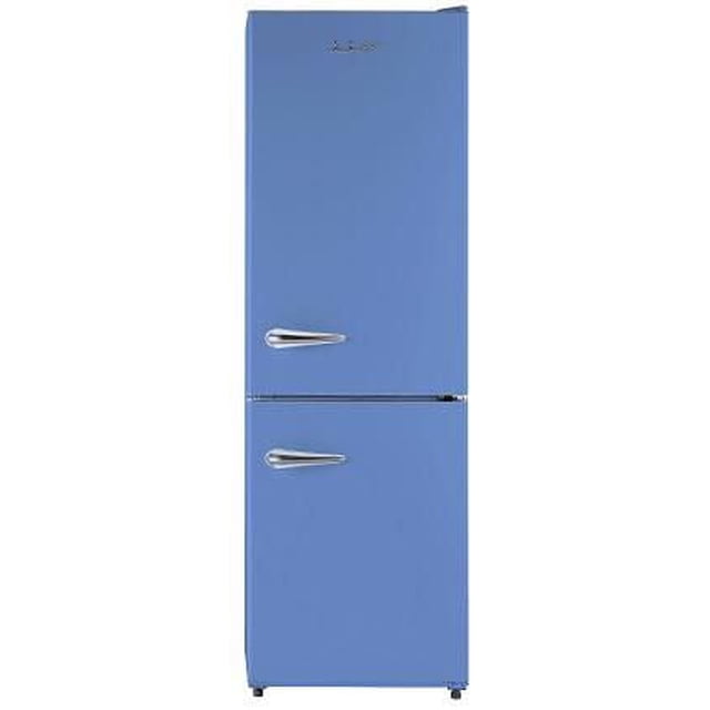 iio 11 Cu. Ft. Retro Refrigerator with Bottom Freezer in Cream (Right Hinge) with a tall, slim cream retro design, chrome die-cast metal handles on top fridge door and bottom freezer, frost-free operation, energy star certified, bright LED lighting, and Multiflow 360° air circulation for even cooling in compact spaces.