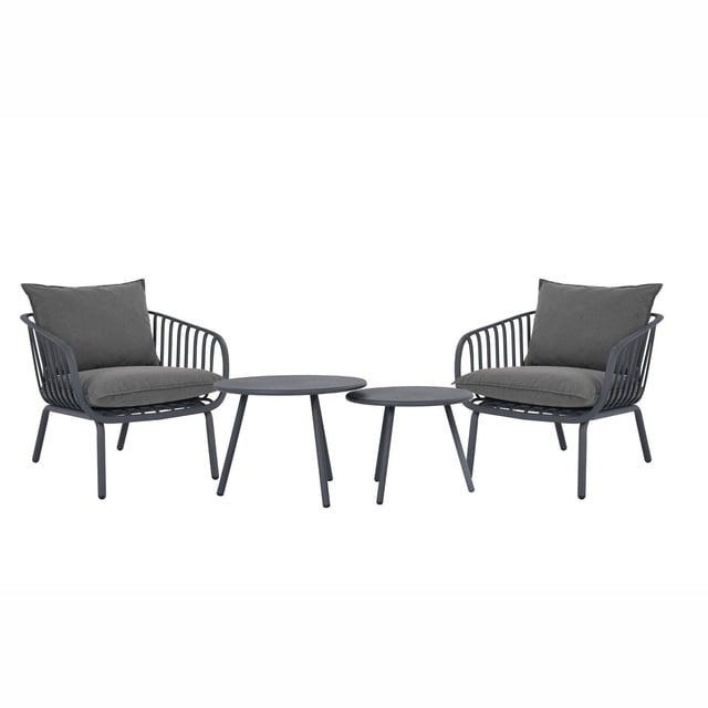 Patioflare Vista Ensemble de conversation pour Patio avec Deux Chaises à Cadre en Métal Enduit de Poudre Couleur Charbon, Dotées de Coussins Gris Imperméables et de Deux tables Rondes Gigognes Finition Charbon, Convient aux Conversations sur Patio Extérieur et Fabriqué avec des Matériaux Recyclés Durables.