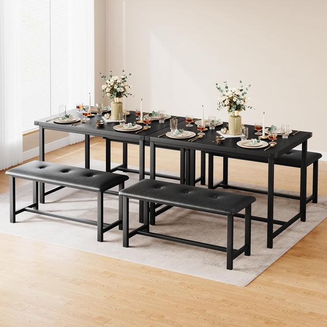 GloryStar Dining Table Set for 4, Kitchen Table with 2 Upholstered Benches, Wood Kitchen Dining Room Set, for Small Space, Apartment, Home, Dinner