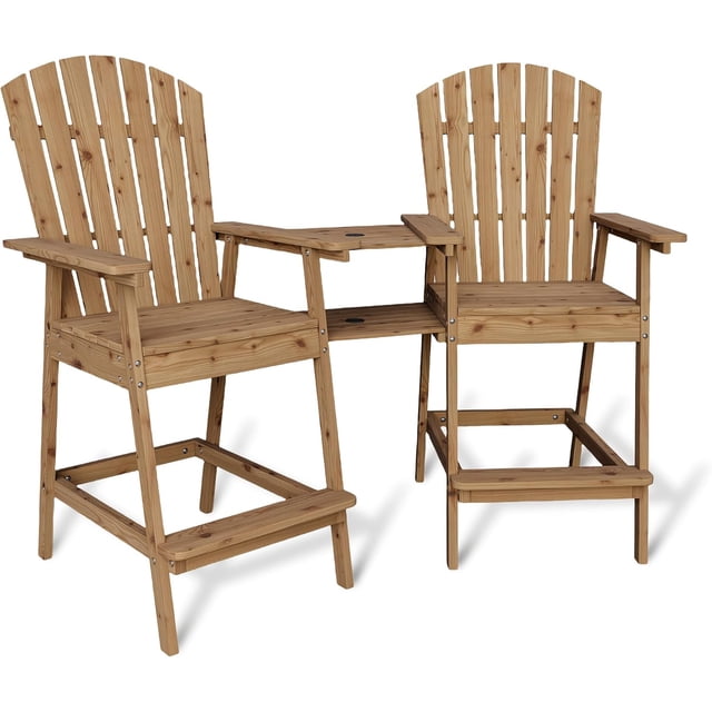 Bar Height Adirondack Chair Set - 2 Tall Outdoor Chairs with Connecting Table Tray