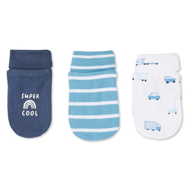 George Baby Boys' Mittens 3-Pack with three one-size soft interlock knit mittens featuring folded cuffs; navy blue with 'Super Cool' and rainbow graphic, light blue with white stripes, and white with blue vehicle prints, designed to keep baby boys' hands warm and cozy.