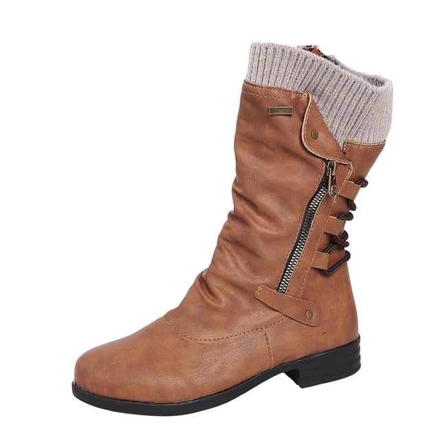 CEHVOM Bottes pour Femmes Vintage d'Hiver à Fermeture Éclair Mi-Mollet à Lacets à Enfiler Chaussures Rétro pour Dames en Similicuir Brun avec Fermeture Éclair Latérale et Détail à Lacets. avec Bout Rond, Talon Bas et Revers Tricoté pour Plus de Chaleur. Convient à l'Utilisation Extérieure par Temps Pluvieux, Enneigé Ou Froid. Idéal pour une Tenue Décontractée en Automne et en Hiver.