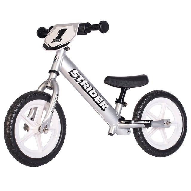 Strider 12 Pro Toddler Kids No Pedal Learning Adjustable Balance Bike, Silver