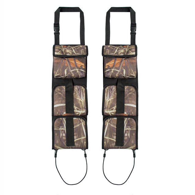 Wuyanis 2pcs Car Back Gun Sling Rack Portable Camo Rifle Organizer Storage Holder with two reed camouflage racks made of 600D Oxford cloth. Each rack features multiple pockets for rifles, ammo, and hunting supplies, designed for secure attachment to car back seats. Ideal as a car organizer for seat storage. Dimensions are 52 x 18 cm per rack.