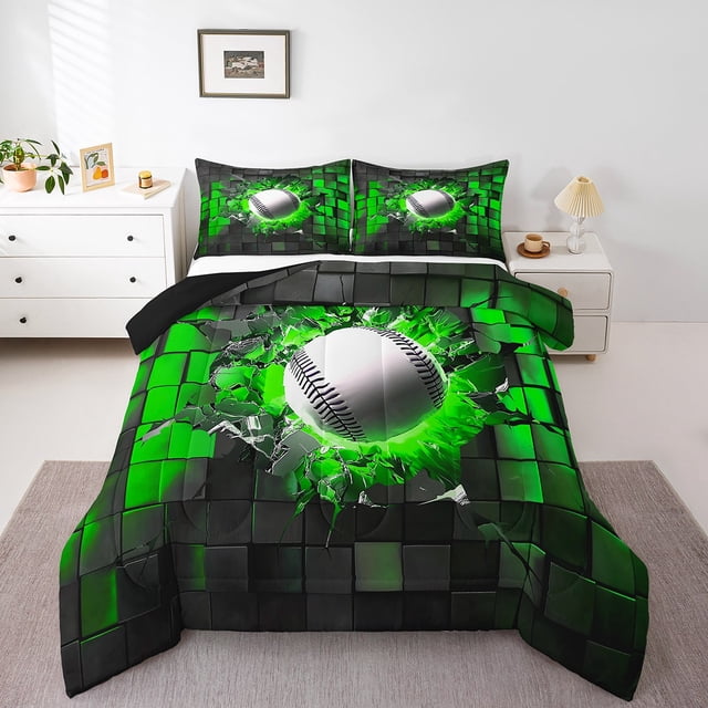 Erosebridal Baseball Bedding Full Comforter Set for Boys,Rectangle Geometric Down Comforter,Sport Room Decor,3-Piece