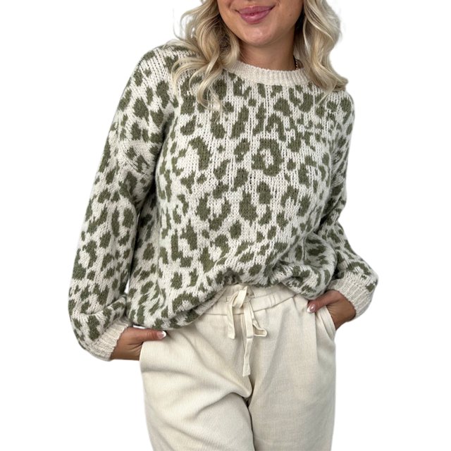 Honganda Pull Ample d'Automne pour Femmes Motif Léopard Manches Longues Tricot
