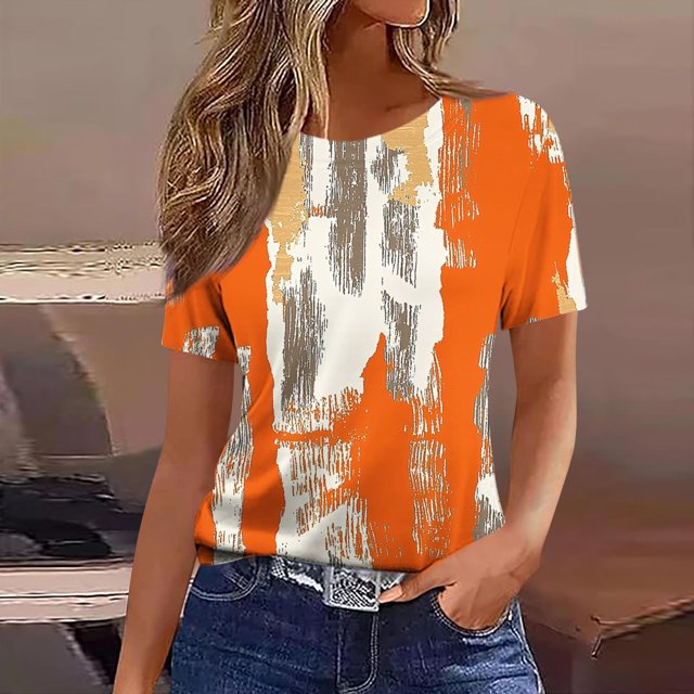 Jacenvly Hauts pour Femmes Liquidation T-Shirt d'Été pour Femmes Ajusté Décontracté Mode Imprimé Non Structuré Col Rond Manche Courte Haut Hauts et Chemisiers pour Femmes