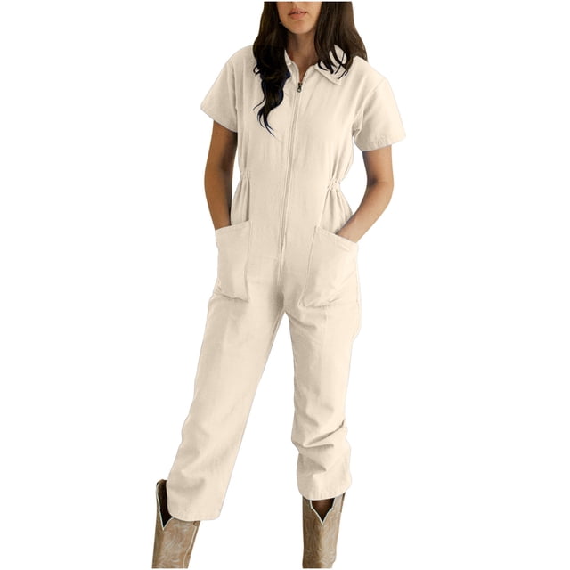 LSLJS Combinaison Pantalon à Revers Zippée à Taille Plissée Unie Décontractée pour Femme
