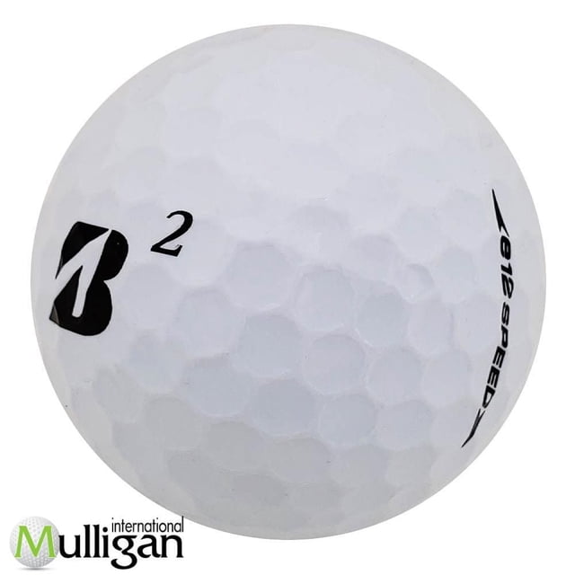 Mulligan - 12 Bridgestone e12 Speed (B) 4A Recycled Used Golf Balls, White, close-up of a single white recycled golf ball with dimpled surface, black Bridgestone 'B' logo, number 2, and 'e12 Speed' text, offering excellent tee-to-green distance, soft feel, and near-green control, ideal for eco-conscious golfers.