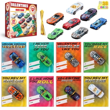 Joyfy 28 Paquets Cartes de la Saint-Valentin avec Voitures de Course Moulées sous Pression Véhicule pour Enfants Garçons, Cadeaux de Classe d'École de la Saint-Valentin, Cartes d'Échange de la Saint-Valentin Cadeaux de Fête pour Garçons Filles