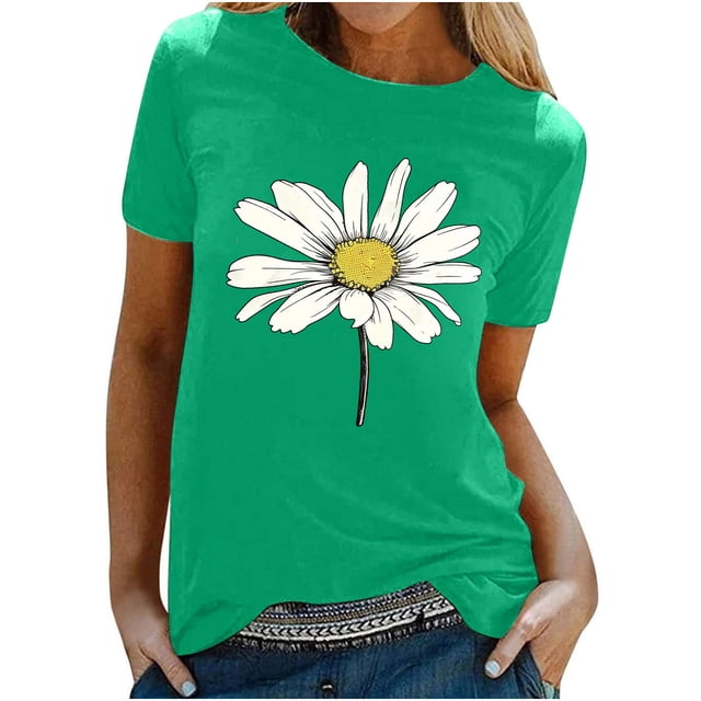 KIHOUT Nouveau Haut de Mode d'Été pour Femmes 2025, T-Shirt à Manches Courtes à Col Rond Décontracté à Imprimé Floral Vert m