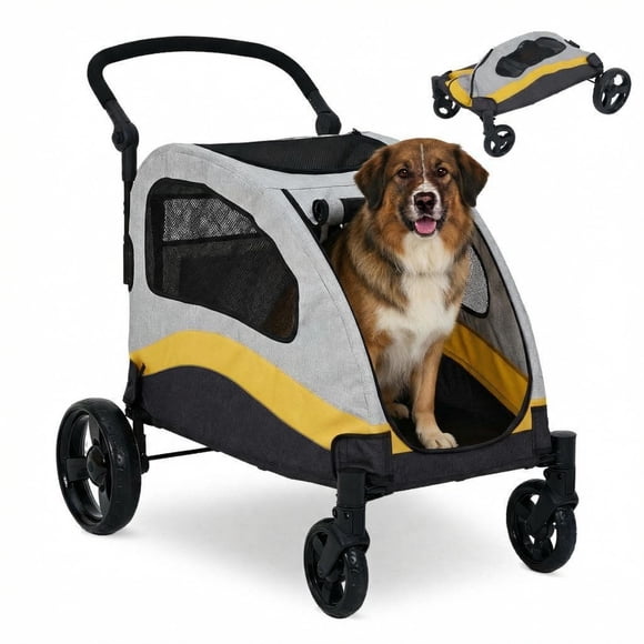 Heavy Duty XL Dog Stroller for Large Pets up to 160 lbs, Collapsible Pet Jogger with Breathable Mesh, 360° Swivel Wheels, Shock Absorption, Adjustable Handle, Storage Pocket, Yellow