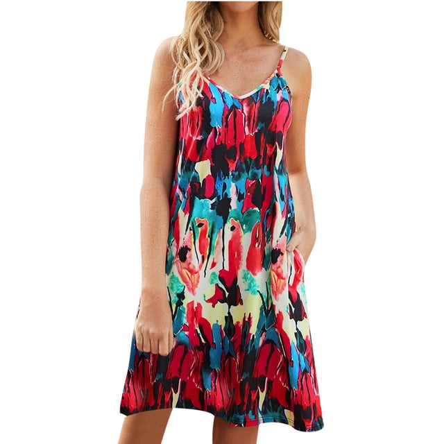 Birdeem Womens Summer Sexy Fashion Casual Suspender Flower Pattern Mini Dress with Pockets