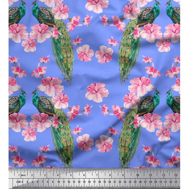 Soimoi Silk Fabric Floral & Peacock Bird Decor Fabric Printed Yard 42 Inch Wide